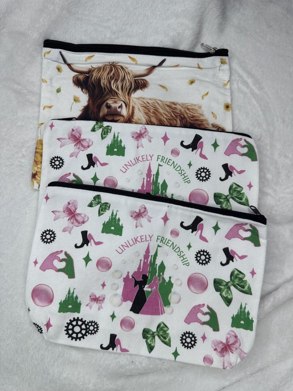 Set Of 3 Multicolor Fabric Makeup Bags Cosmetic Pouches Zipper Top Cow Sunflower